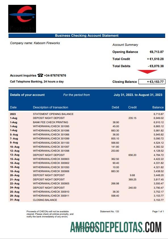 Realista Ibercaja Bank Firm modelo de extrato de conta Word e PDF